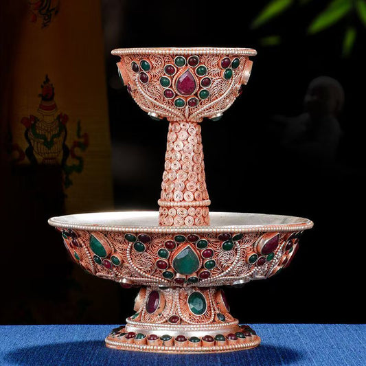 Handcrafted Nepalese copper Guardian Cup with cloisonné design, Tibetan Buddhist offering bowl for home altar and rituals