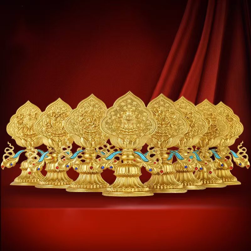 Handcrafted gilded copper Ashtamangala eight auspicious symbols Buddhist sacrificial implements for Tibetan tantric home altar offerings, 13cm ritual decor