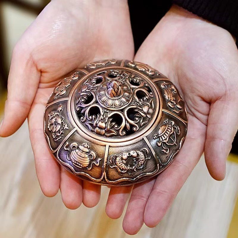 Artisan carved Tibetan alloy incense burner featuring Ashtamangala, spiritual home decor inspired by Tibetan Buddhist sacrificial implements culture, 10cm