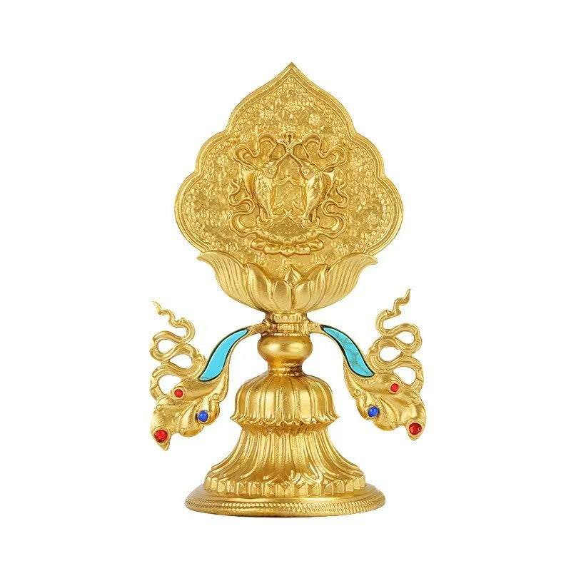 Pure handmade gilt brass eight treasures Ashtamangala Buddhist sacrificial items set, traditional Tibetan tantric home shrine offerings, 13cm