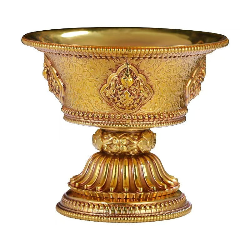 Pure handmade Tibetan copper eight auspicious symbols sacred water cup, thick high-foot offering bowl for Buddhist altar and devotional practice, 9cm