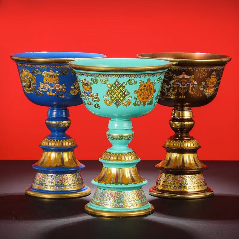 Artisan bronze enamel butter lamp, Tibetan Buddhist ritual art for home altar and meditation space