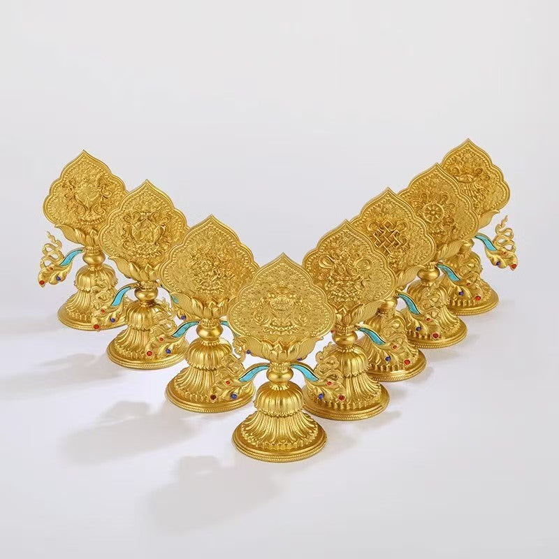 Traditional handcrafted copper gilded Ashtamangala Buddhist altar eight offerings, Tibetan Buddhist sacrificial implements art for home worship, 13cm