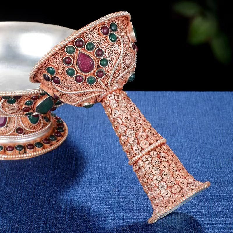 Artisan cloisonné Nepalese copper Guardian Cup, Tibetan Buddhist ritual art for home altar and spiritual practice