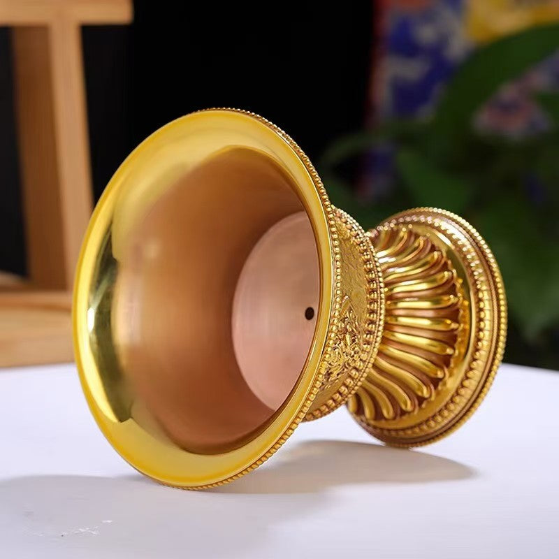 Artisan carved copper high-foot offering cup featuring Ashtamangala, Tibetan Buddhist sacrificial items art for home altar and meditation, 9cm