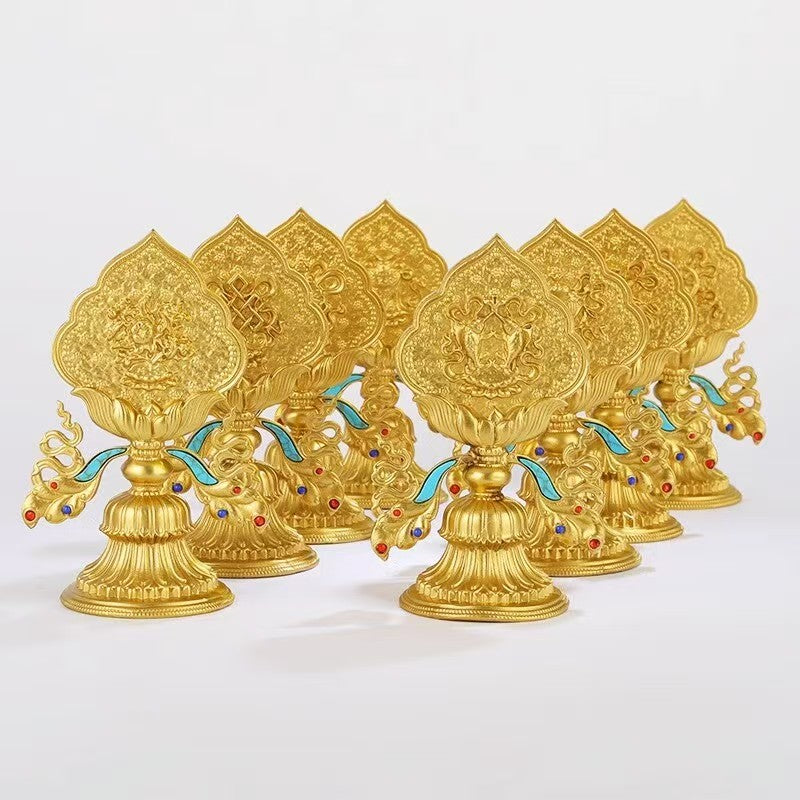 Artisan handmade gilt copper eight auspicious objects Ashtamangala, Tibetan Buddhist sacrificial items for tantric home shrine and ritual altar, 13cm