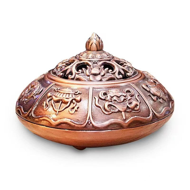 Traditional handmade Tibetan alloy plate incense burner with eight auspicious symbols, indoor Buddhist ritual and meditation space decor, 10cm
