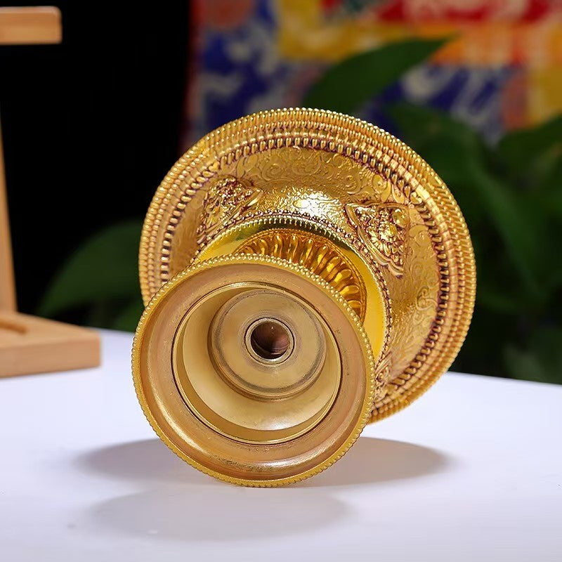 Traditional handcrafted copper sacred water bowl with eight auspicious symbols, Tibetan Buddhist home altar offering cup, 9cm