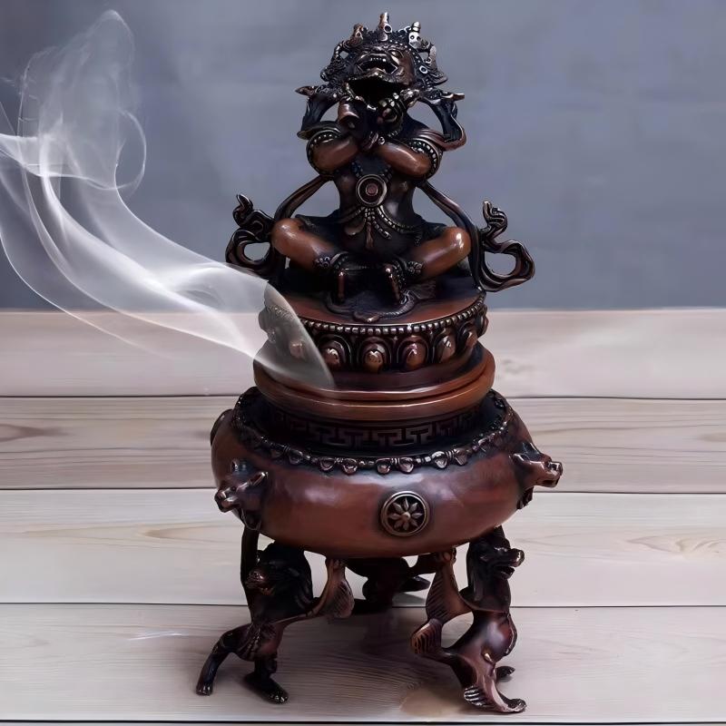 Traditional handcrafted aged copper Kagyu Vajrayogini incense burner for home altar, Tibetan Buddhist ritual art, 22cm