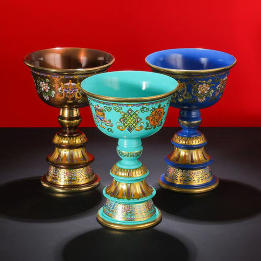 Handmade bronze enamel butter lamp holder, sacred Tibetan Buddhist altar accessory for home and temple offerings