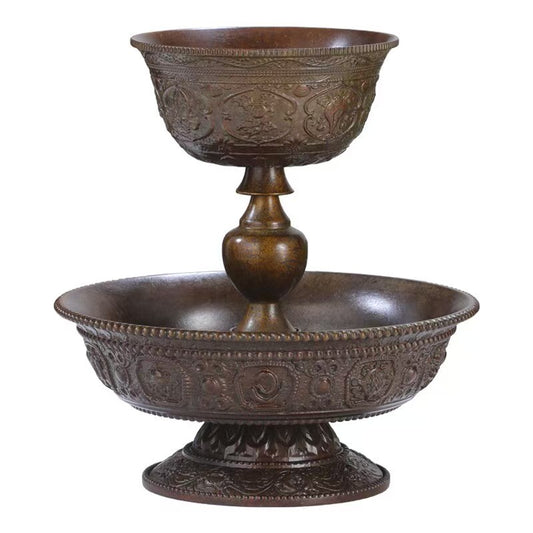 Handmade brass Ashtamangala tantric guardian offering cup, Tibetan Buddhist ritual implement for home altar and devotional practice, 12cm