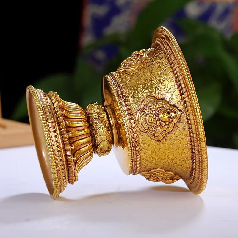 Handmade thick copper Ashtamangala offering cup, Tibetan guardian deity ritual cup for Buddhist altar and spiritual home decor, 9cm