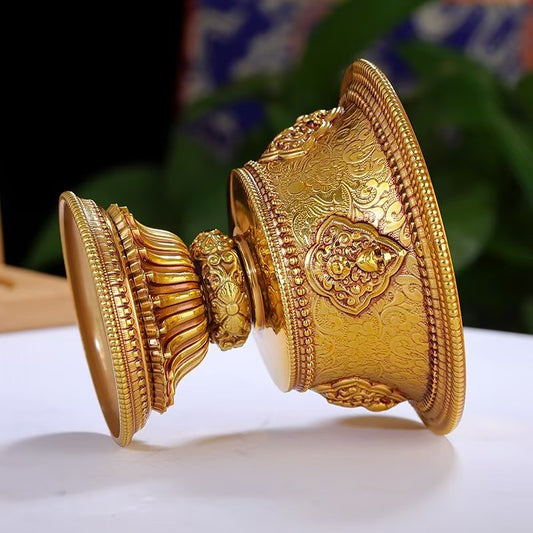 Handmade thick copper Ashtamangala offering cup, Tibetan guardian deity ritual cup for Buddhist altar and spiritual home decor, 9cm
