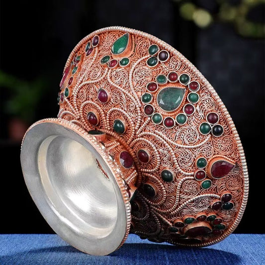 Handmade Nepalese copper Guardian Cup with cloisonné details, Tibetan Buddhist altar supply for offerings and rituals