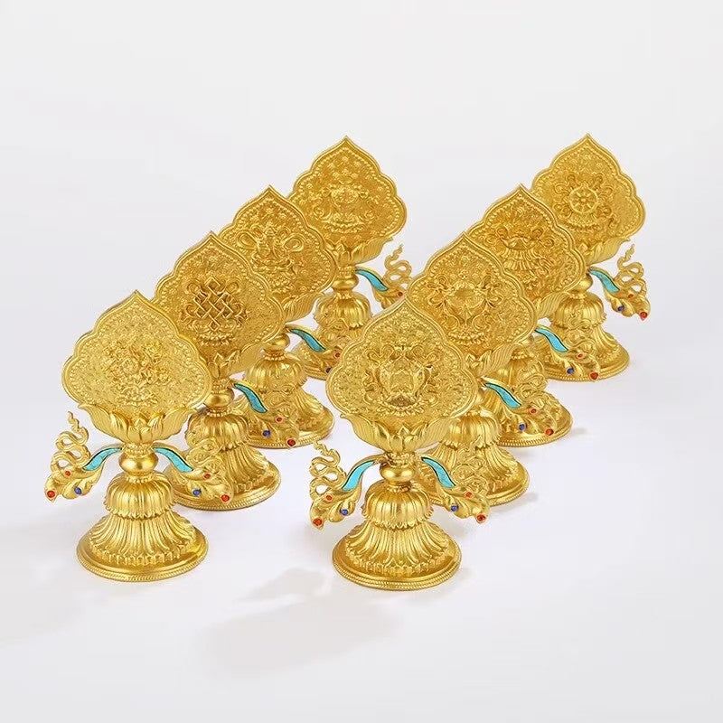 Handcrafted gilded brass Ashtamangala eight treasures Buddhist sacrificial implements, Tibetan tantric ritual offerings and home altar decor, 13cm