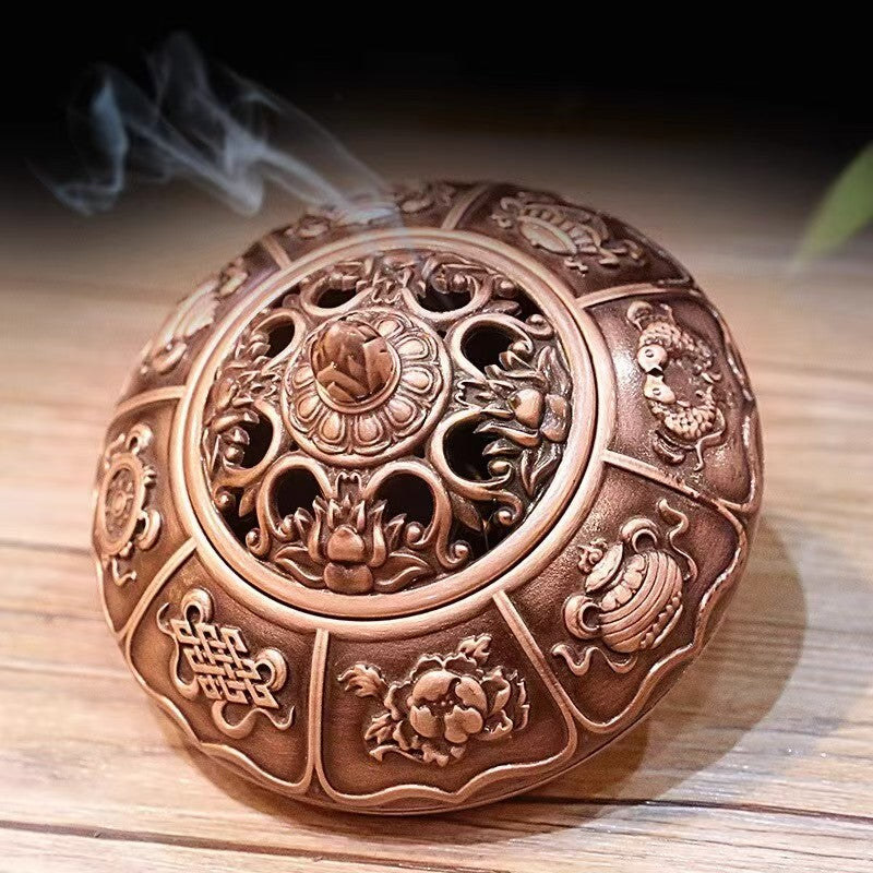 Handcrafted Tibetan alloy incense burner with eight auspicious symbols, Buddhist sacrificial items art for home altar and indoor incense use, 10cm