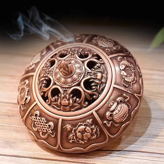 Handcrafted Tibetan alloy incense burner with eight auspicious symbols, Buddhist sacrificial items art for home altar and indoor incense use, 10cm