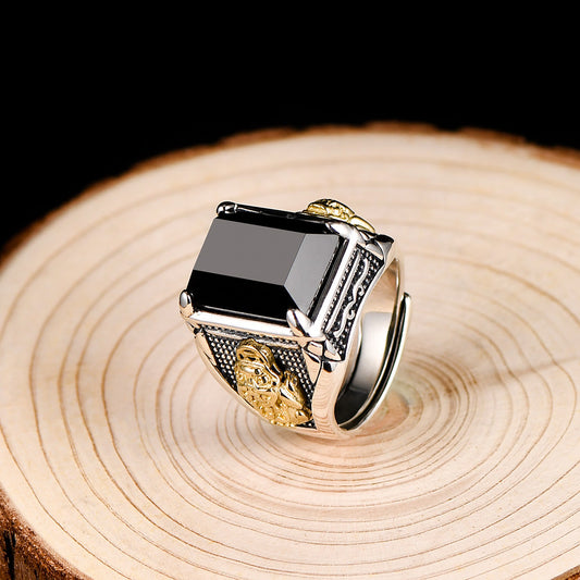 Pixiu Black Agate Silver Copper Ring Men