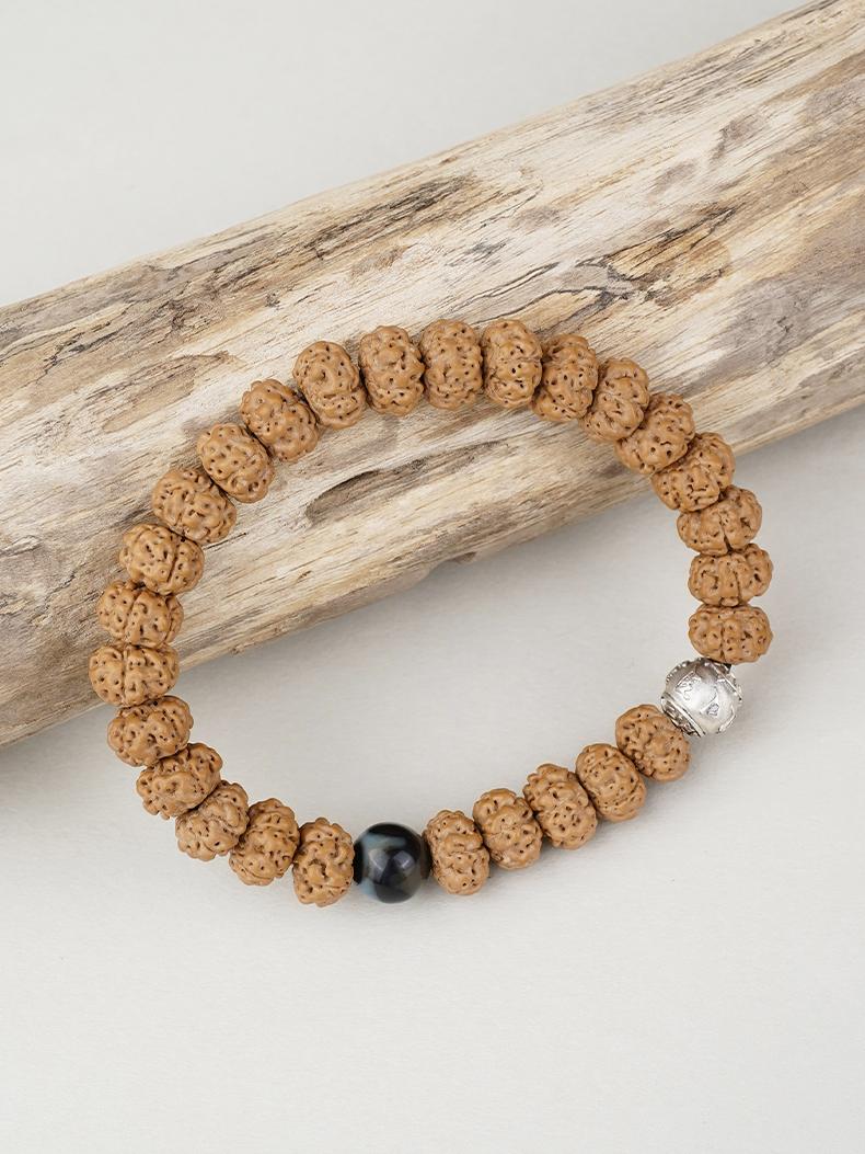 Artisan Crafted Silver, Bodhi & Agate Tiger Tooth Bracelet – Handmade Tibetan Buddhist Jewelry with Hand-painted Design.