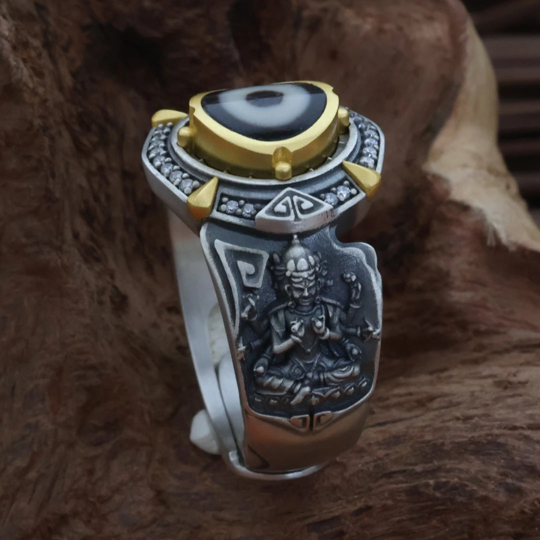 Artisan-crafted silver Morichiten bead ring with hand-painted details representing Tibetan Buddhist Jewelry Culture and meaningful Jewelry art design