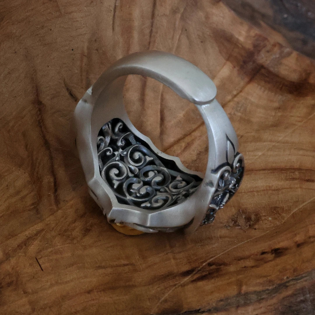 Silver engraved ring featuring Morichiten and Yellow Jambhala hand-painted and inspired by Tibetan Buddhist Jewelry Culture a unique piece of Jewelry art symbolizing wealth and protection