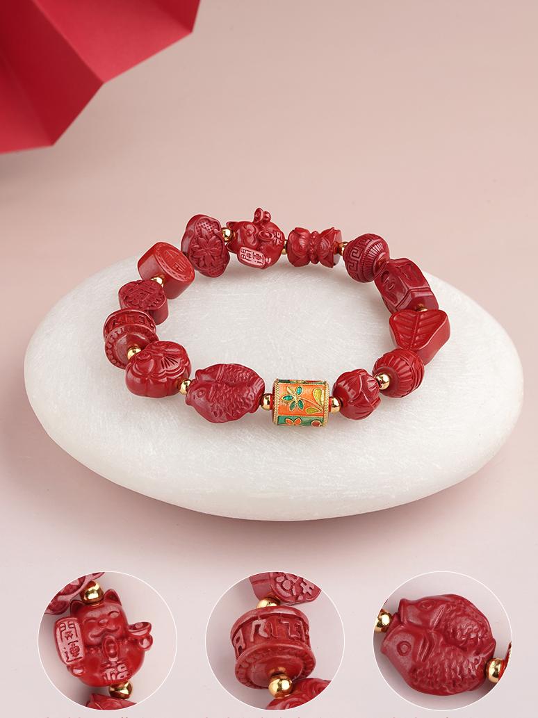 Tibetan Buddhist Jewelry Culture Cinnabar and copper bracelet, handcrafted with intricate lotus flower symbolizing enlightenment, purity, and peace.