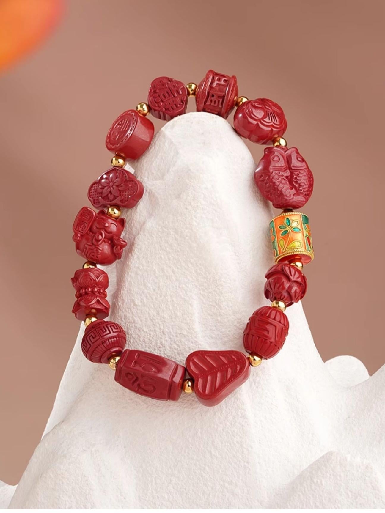 Handmade Tibetan Buddhist Jewelry Culture Cinnabar bracelet with copper accents, featuring a lotus flower design. Symbolizes spiritual growth and purity.