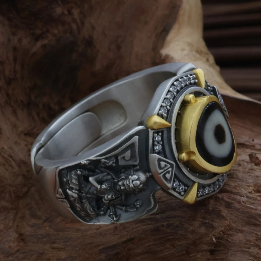 Handmade silver Morichiten bead ring inspired by Tibetan Buddhist Jewelry Culture highlighting exquisite hand-carved Jewelry art and protective meaning