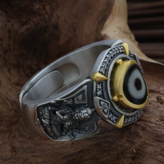 Handmade silver Morichiten bead ring inspired by Tibetan Buddhist Jewelry Culture highlighting exquisite hand-carved Jewelry art and protective meaning