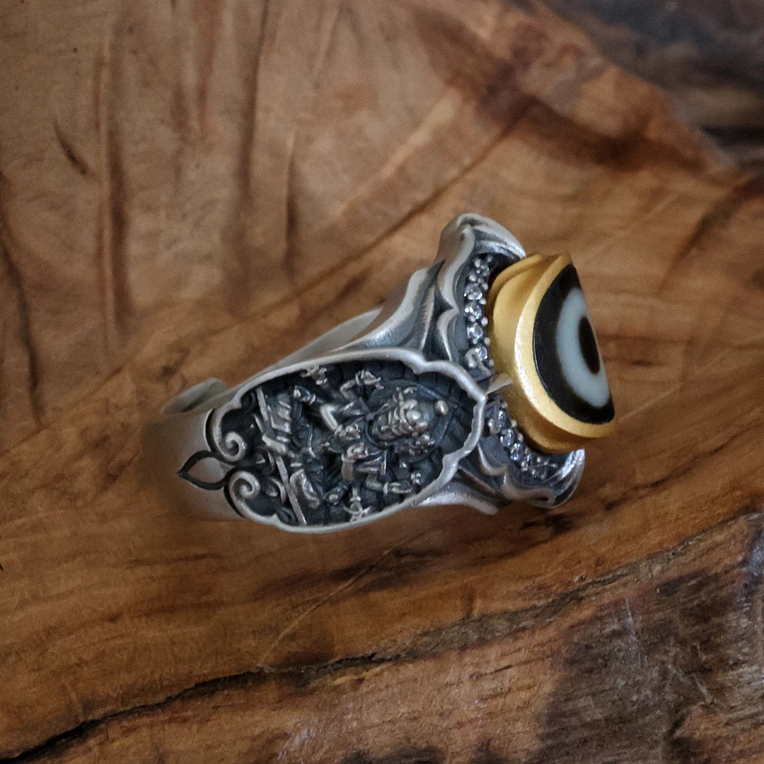 Artisan-crafted silver one-eye ring with Morichiten and Yellow Jambhala representing Tibetan Buddhist Jewelry Culture hand-painted Jewelry art with spiritual significance and traditional Tibetan design