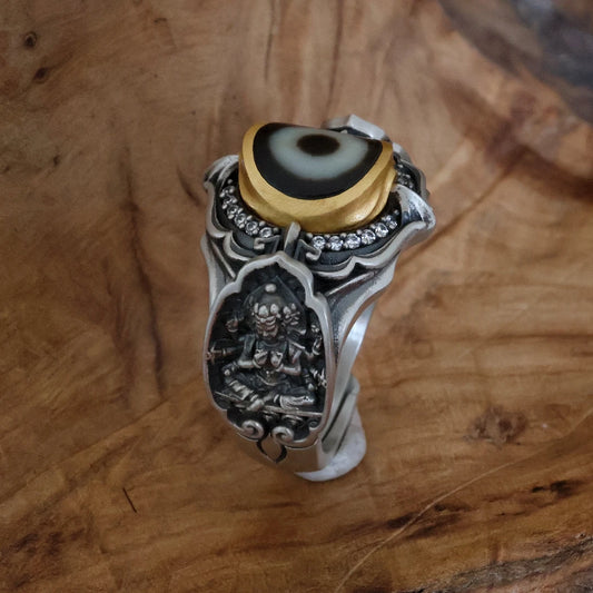 One-eye silver ring with Morichiten and Yellow Jambhala inspired by Tibetan Buddhist Jewelry Culture highlighting exquisite hand-engraved Jewelry art and spiritual protection symbols