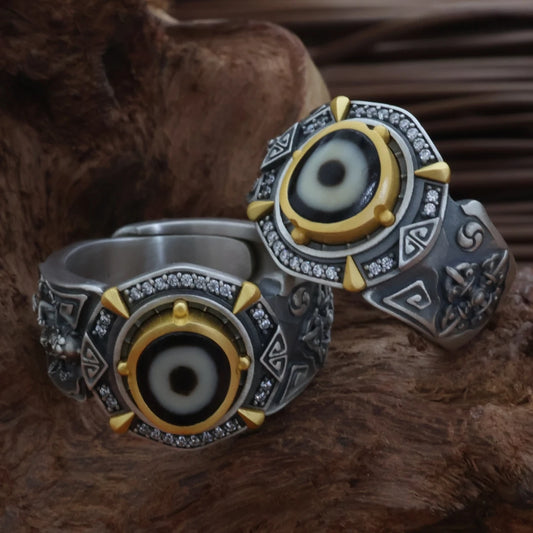 Tibetan Buddhist Jewelry Culture silver Morichiten bead ring handcrafted and hand-painted showcasing detailed Tibetan Jewelry art and spiritual symbolism