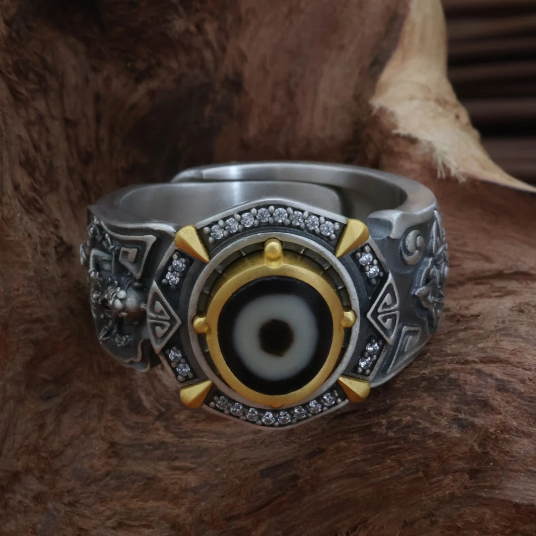 Silver Morichiten ring with beads hand-painted and engraved reflecting Tibetan Buddhist Jewelry Culture and unique Jewelry art craftsmanship