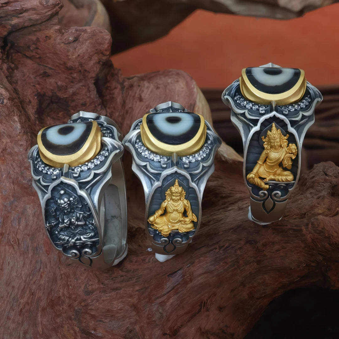 Handmade Tibetan silver ring with Morichiten and Yellow Jambhala motifs representing Tibetan Buddhist Jewelry Culture crafted with detailed handwork and artistic Jewelry design