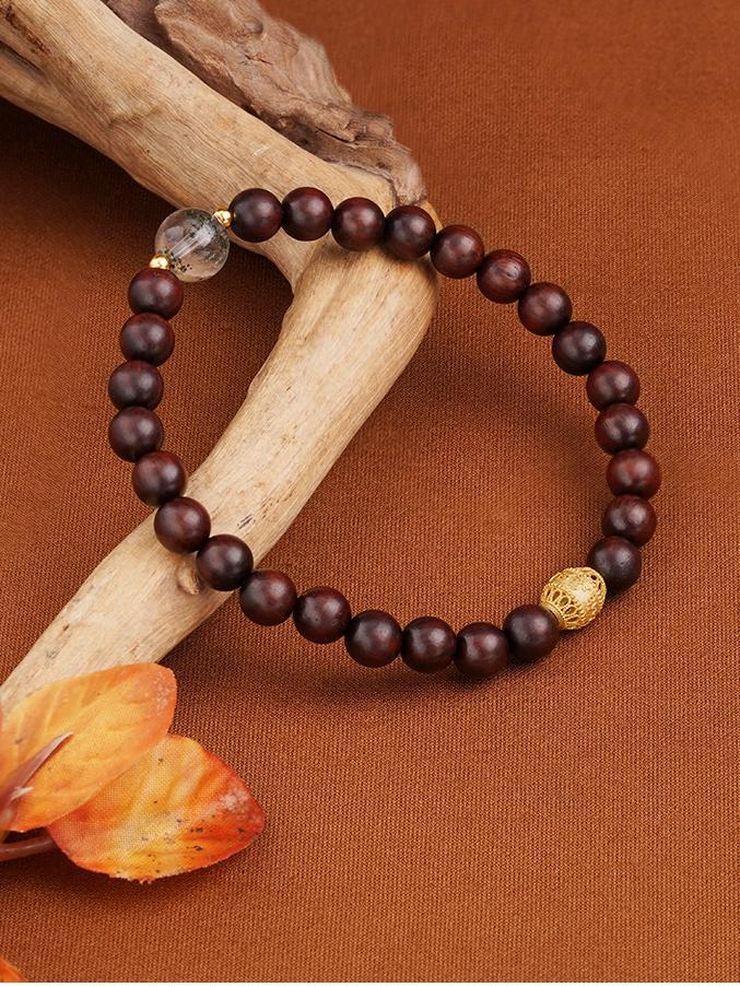 Handmade Small Leaf Red Sandalwood and Green Phantom Quartz bracelet, inspired by Tibetan Buddhist jewelry culture. A beautiful, spiritually significant piece for meditation, healing, and protection.