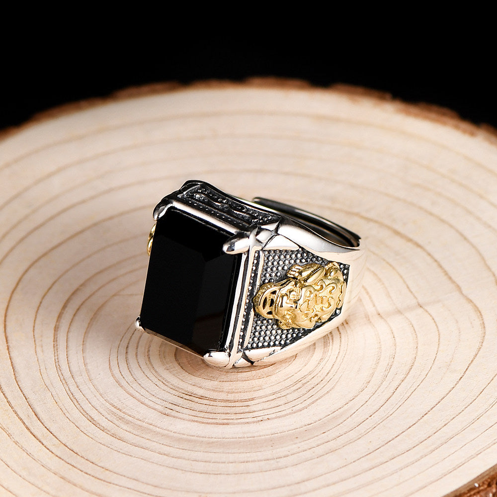 Silver Copper Pixiu Black Agate Ring