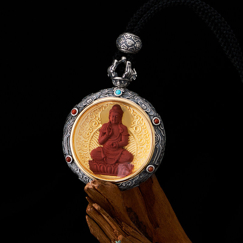 Silver Copper Red Sandalwood Guardian Buddha Pendant