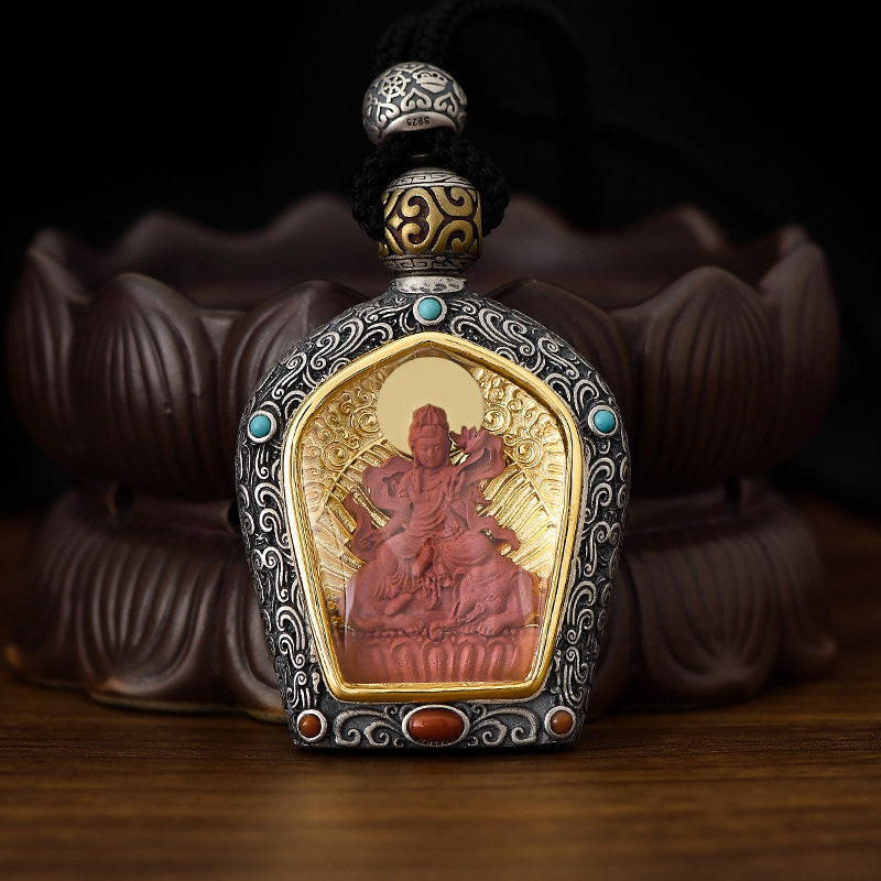 Silver Copper Red Sandalwood Guardian Buddha Pendant