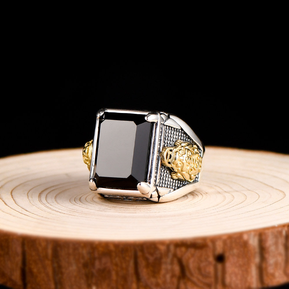 Silver Copper Pixiu Black Agate Finger Ring