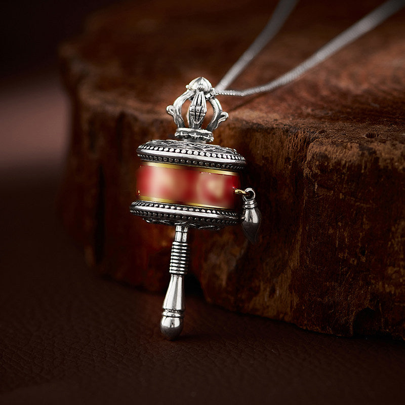 Red Sandalwood Silver Copper Prayer Pendant
