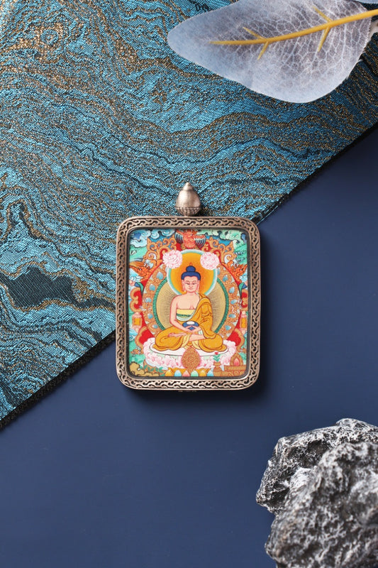 A collector-grade 4x5cm hand-painted Amitabha Buddha Thangka in Menri style, featuring the Lord of Infinite Light in a silver Nine-Colored Deer frame.