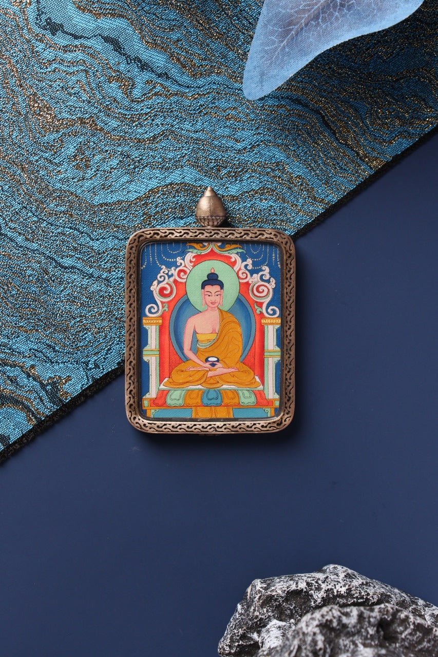 Detailed view of the S925 sterling silver casing with Dunhuang Nine-Colored Deer relief surrounding the Amitabha artwork.