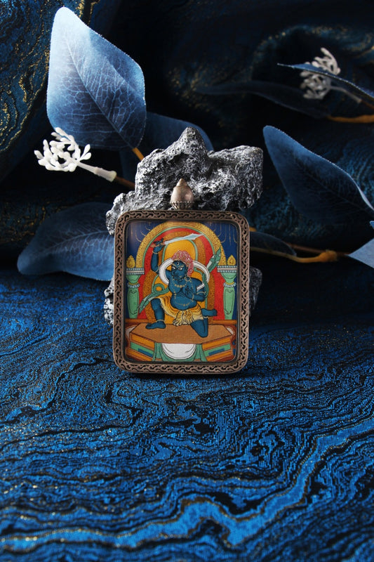 Close-up of the Acala Thangka core, highlighting the intense wrathful expression and vibrant natural mineral colors used by Tibetan masters.