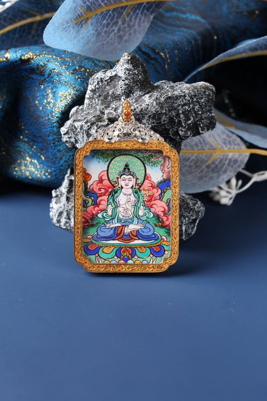 A 4x5cm hand-painted Mahasthamaprapta Bodhisattva Thangka in Chigang style, the guardian for Zodiac Horse, set in a silver Nine-Colored Deer frame.