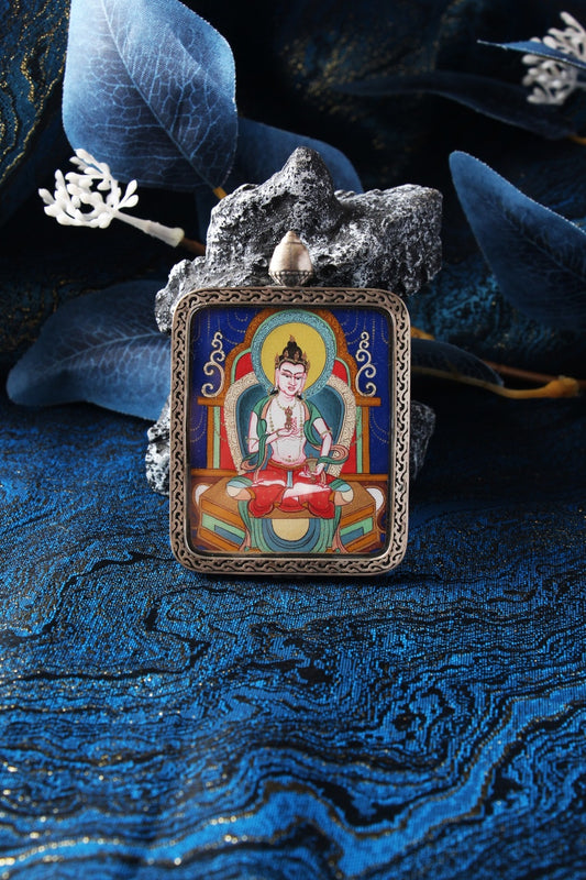 Front view of a 4x5cm hand-painted Vajrasattva Thangka in traditional Chigang style, featuring the deity of purification in a sterling silver Nine-Colored Deer casing.