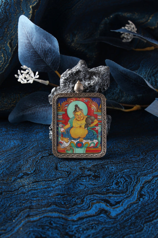 4x5cm Chigang Style Hand-painted Yellow Dzambala (Yellow Wealth God) Thangka Pendant: The Lord of Prosperity