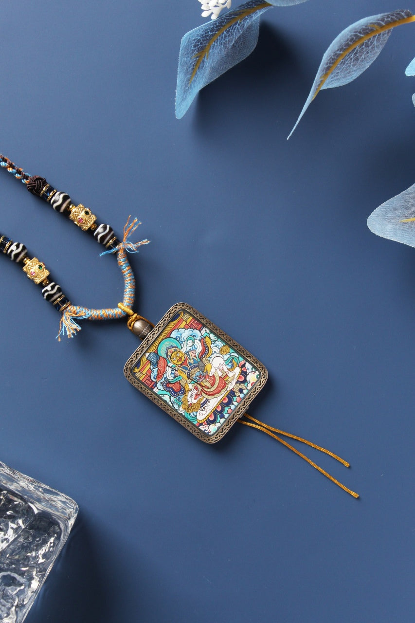 Close-up of the "Dunhuang Nine-Colored Deer" Sterling Silver frame housing a master-level Rebgong Thangka.