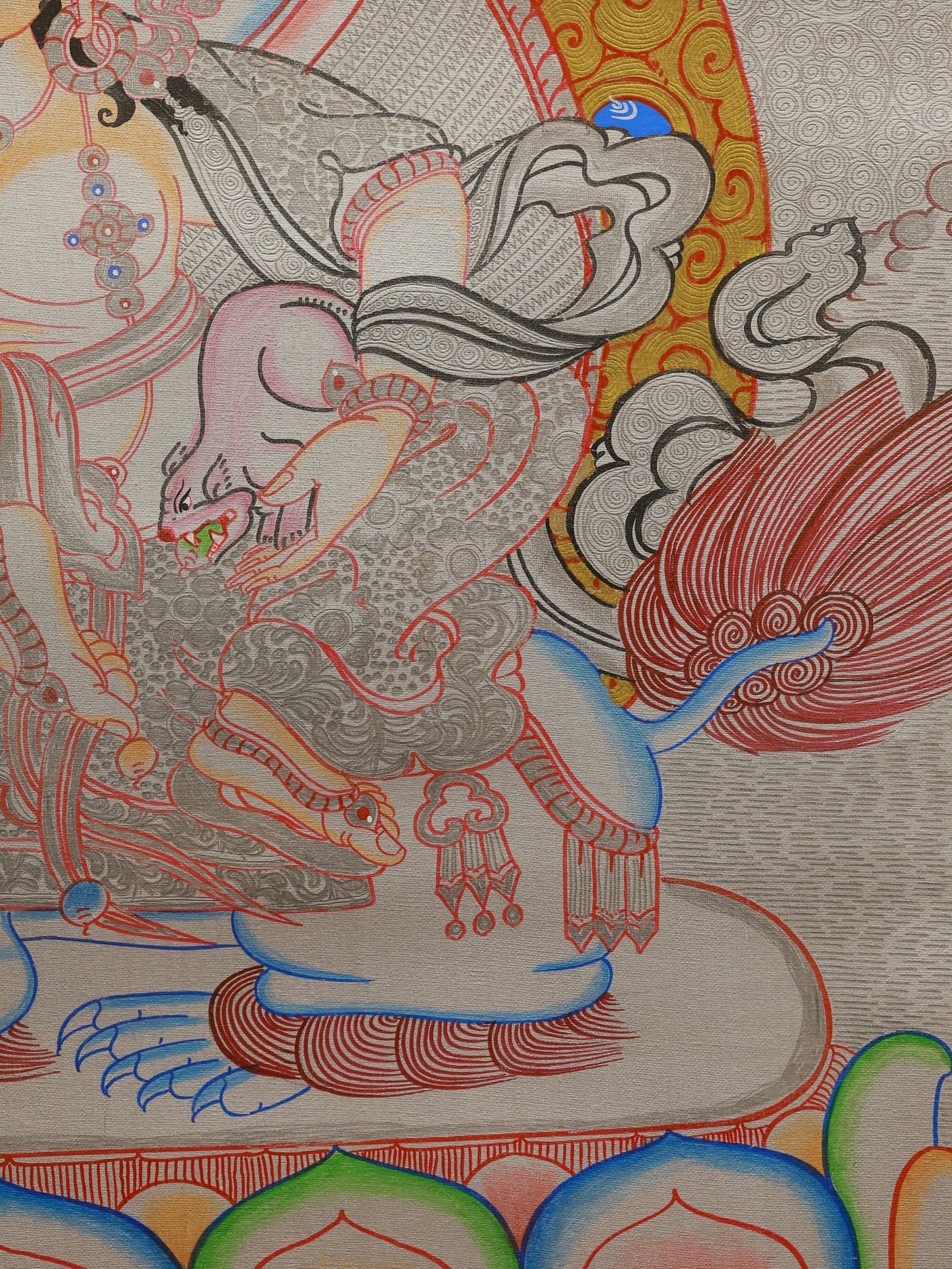 Minimalist silver line art thangka of Jambhala wealth deity in contemporary mandala style, fine detail work.