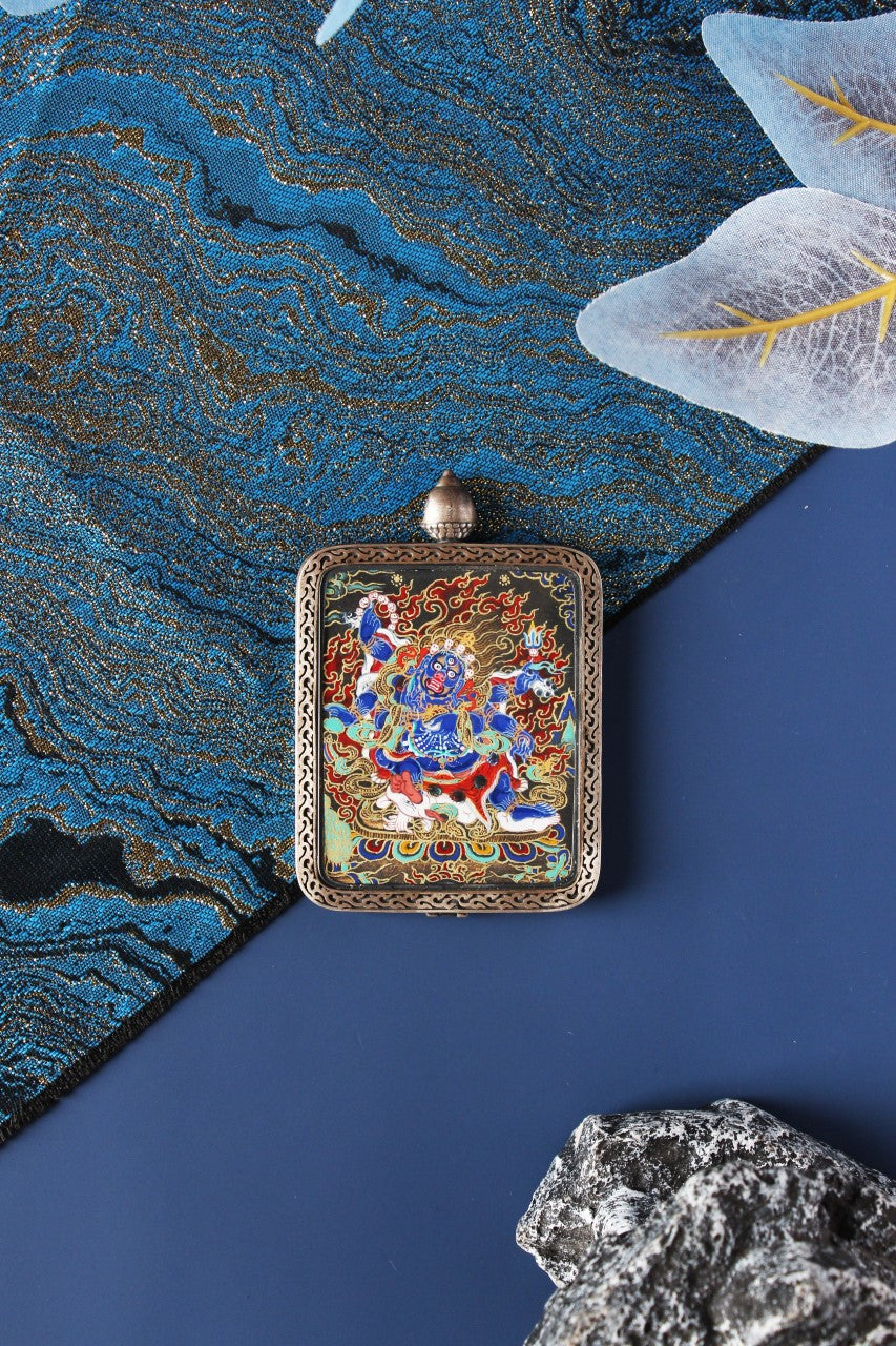 A premium 4x5cm Black Gold Six-Armed Mahakala Thangka from Rebgong, featuring pure gold linework on a black mineral base, encased in silver.