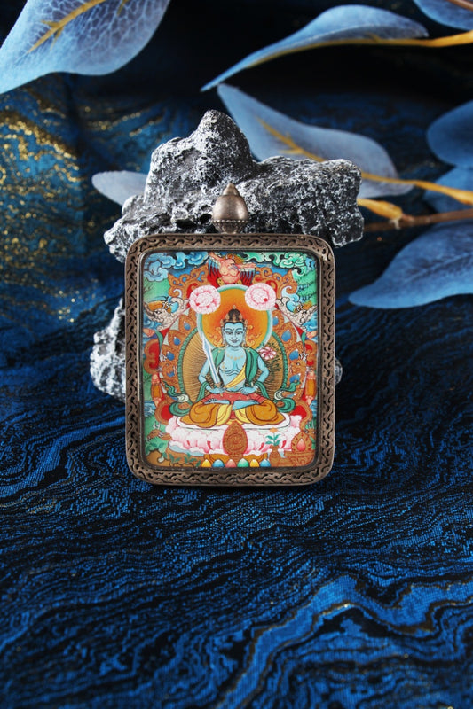 Close-up of the Akasagarbha Thangka core, showing the intricate brushwork and vibrant mineral pigment colors of the Wealth God.
